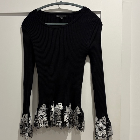 INC International Concepts Women's Black Ribbed Crochet Lace Floral Sweater - Picture 1 of 4